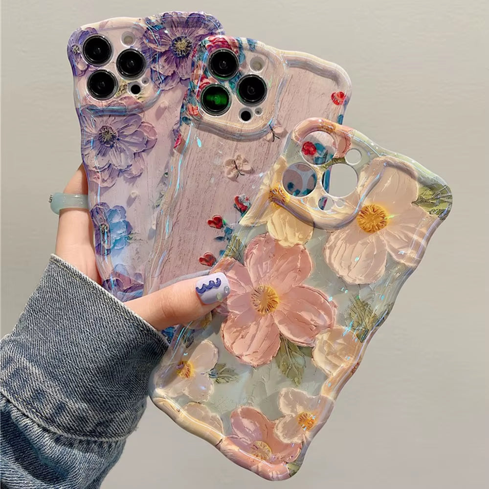 "Stylish Retro Oil Painting Flower Case for iPhone 11–16 Pro Max | Glossy Floral Cover with Exquisite Wave Border"
