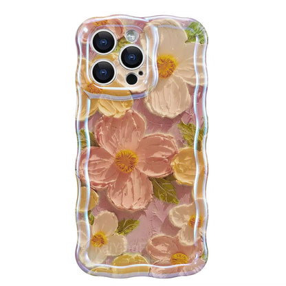 "Stylish Retro Oil Painting Flower Case for iPhone 11–16 Pro Max | Glossy Floral Cover with Exquisite Wave Border"
