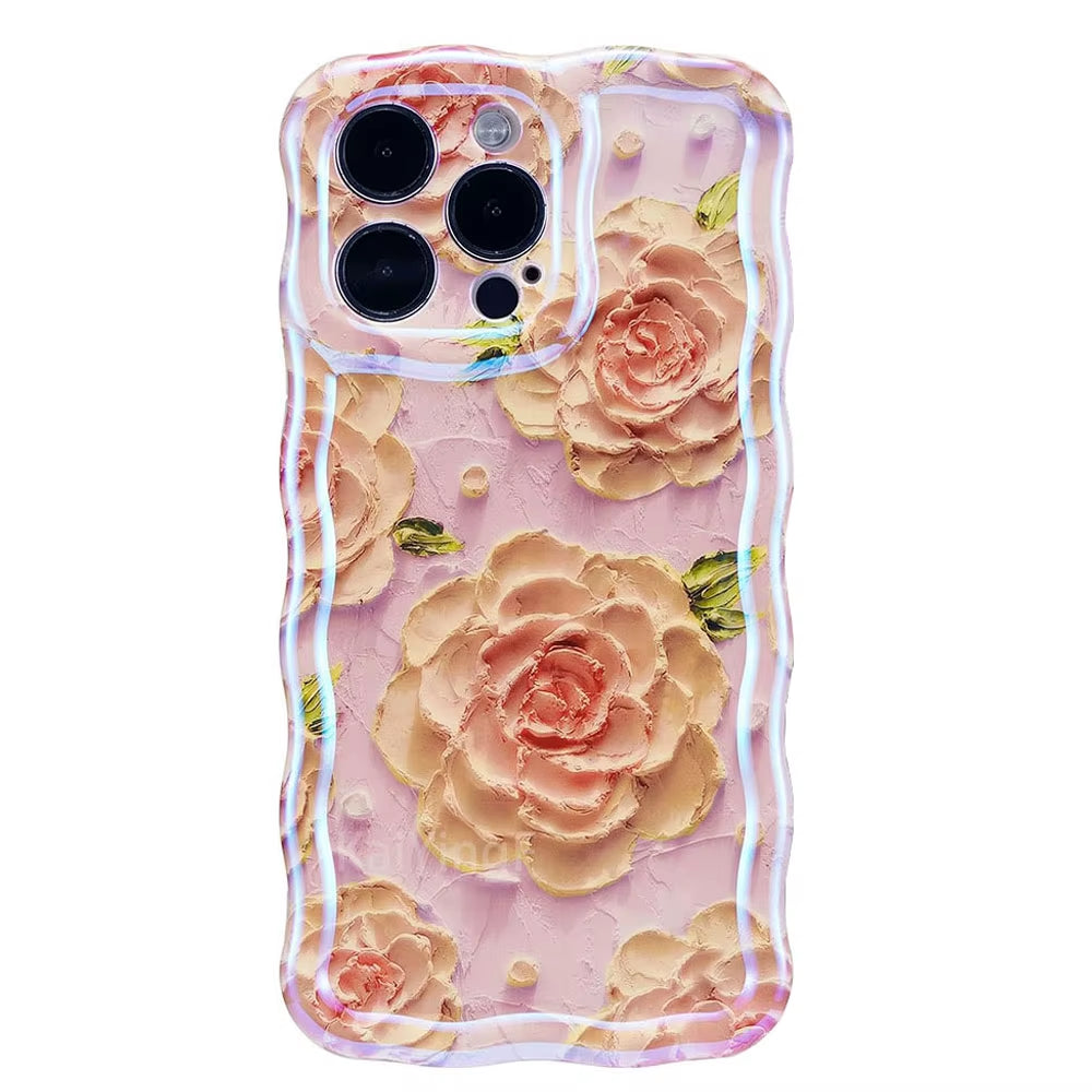"Stylish Retro Oil Painting Flower Case for iPhone 11–16 Pro Max | Glossy Floral Cover with Exquisite Wave Border"
