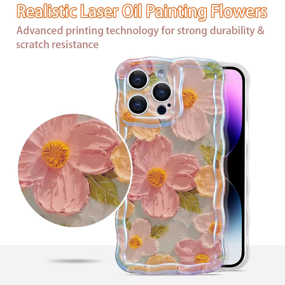 "Stylish Retro Oil Painting Flower Case for iPhone 11–16 Pro Max | Glossy Floral Cover with Exquisite Wave Border"