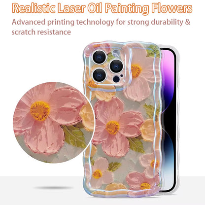 "Stylish Retro Oil Painting Flower Case for iPhone 11–16 Pro Max | Glossy Floral Cover with Exquisite Wave Border"