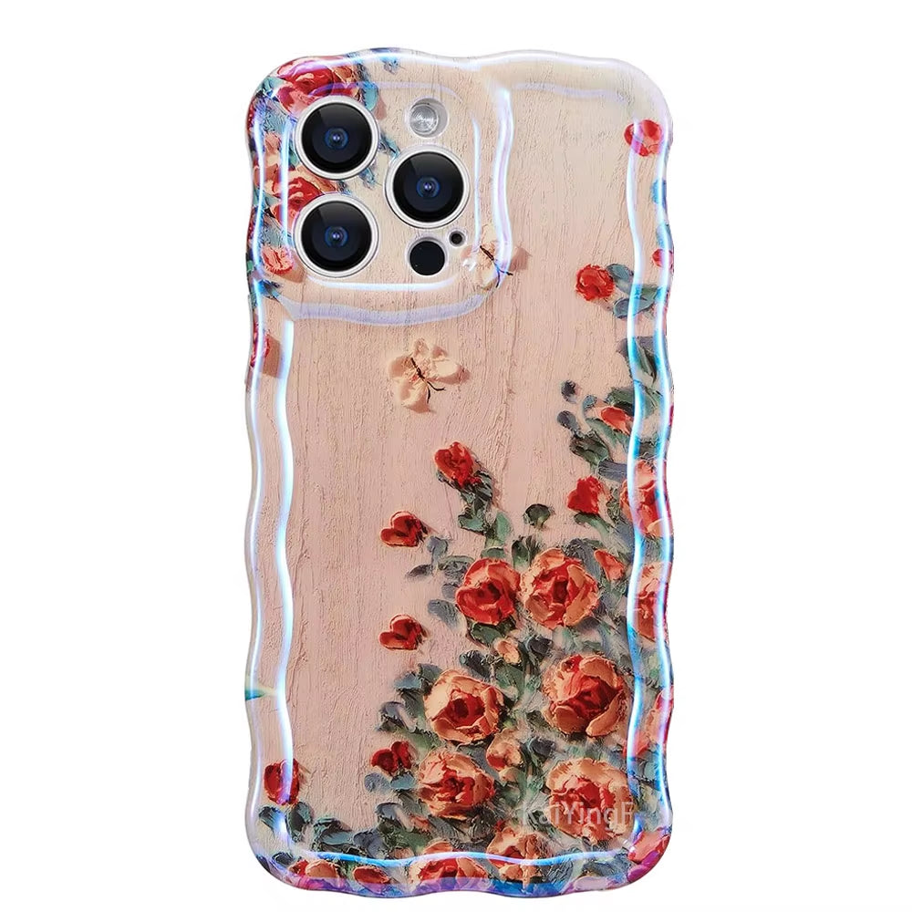"Stylish Retro Oil Painting Flower Case for iPhone 11–16 Pro Max | Glossy Floral Cover with Exquisite Wave Border"