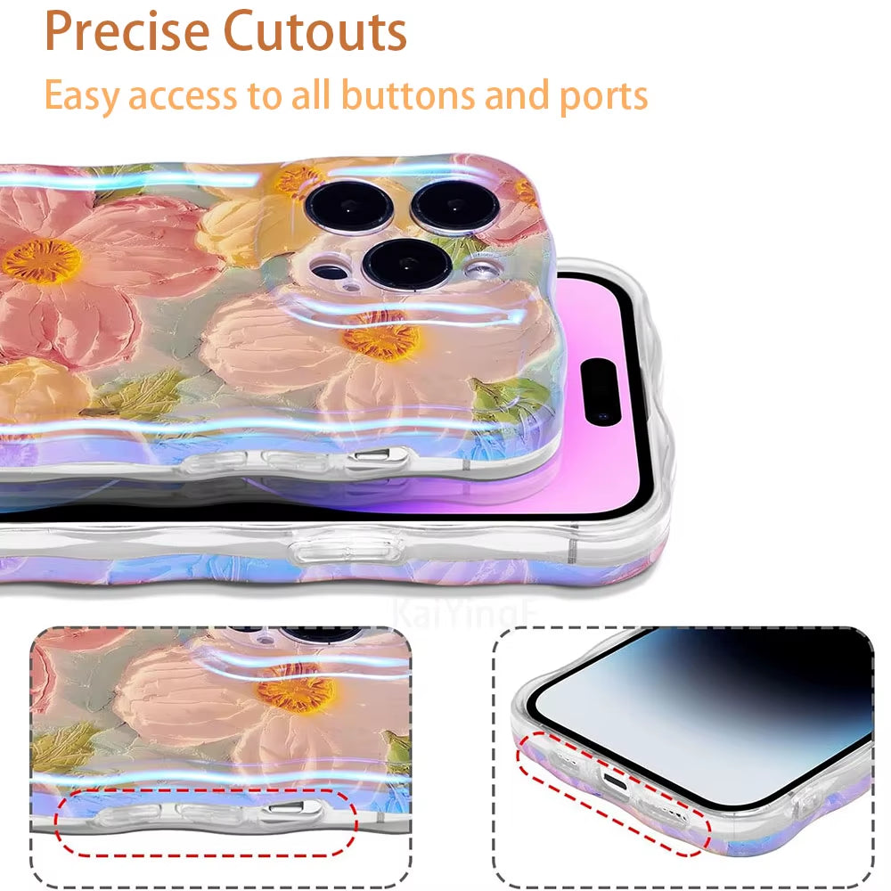 "Stylish Retro Oil Painting Flower Case for iPhone 11–16 Pro Max | Glossy Floral Cover with Exquisite Wave Border"