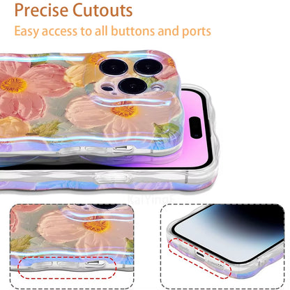 "Stylish Retro Oil Painting Flower Case for iPhone 11–16 Pro Max | Glossy Floral Cover with Exquisite Wave Border"