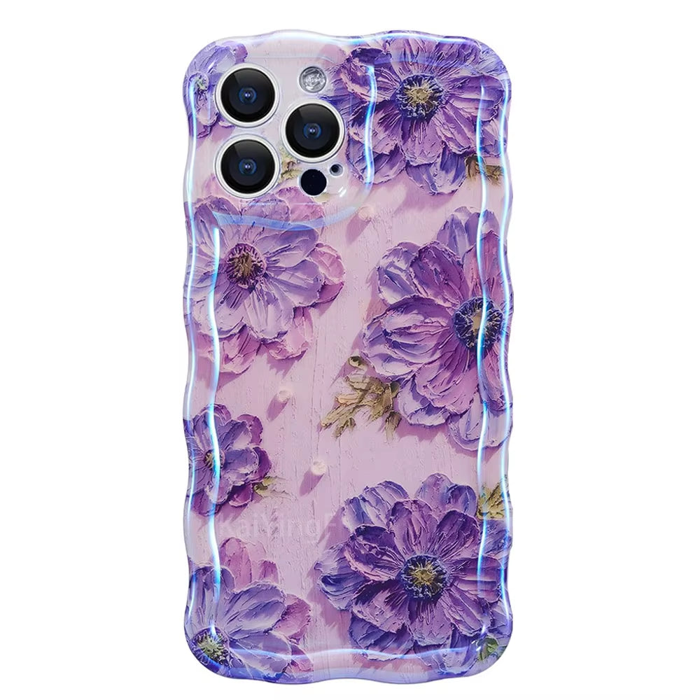 "Stylish Retro Oil Painting Flower Case for iPhone 11–16 Pro Max | Glossy Floral Cover with Exquisite Wave Border"