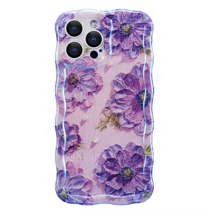 "Stylish Retro Oil Painting Flower Case for iPhone 11–16 Pro Max | Glossy Floral Cover with Exquisite Wave Border"