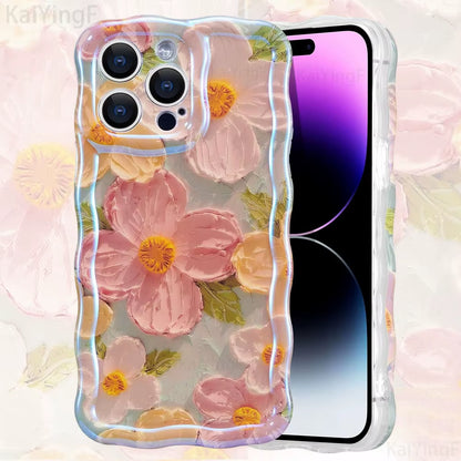"Stylish Retro Oil Painting Flower Case for iPhone 11–16 Pro Max | Glossy Floral Cover with Exquisite Wave Border"