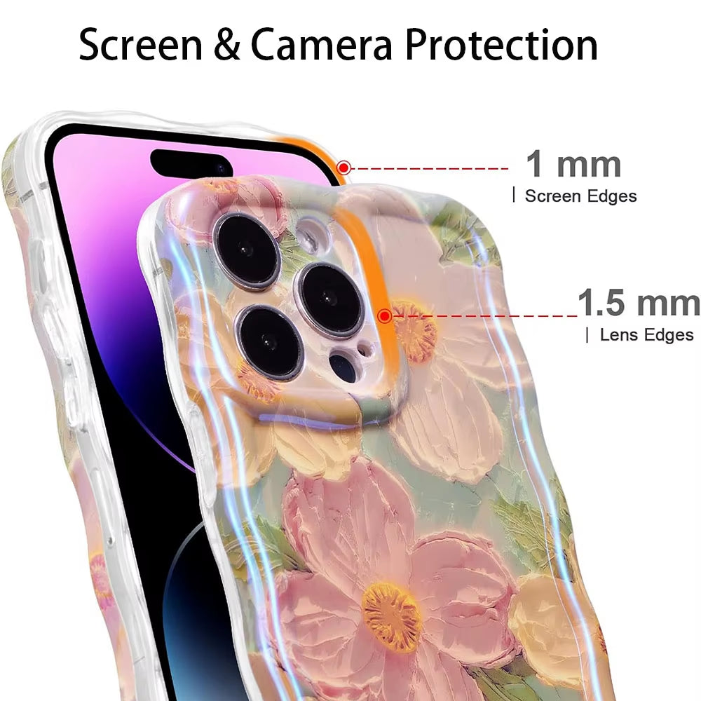 "Stylish Retro Oil Painting Flower Case for iPhone 11–16 Pro Max | Glossy Floral Cover with Exquisite Wave Border"