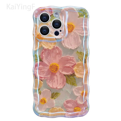 "Stylish Retro Oil Painting Flower Case for iPhone 11–16 Pro Max | Glossy Floral Cover with Exquisite Wave Border"